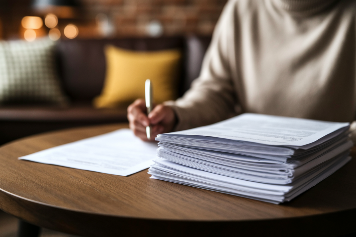 personne-table-bois-stylo-documents-financiers