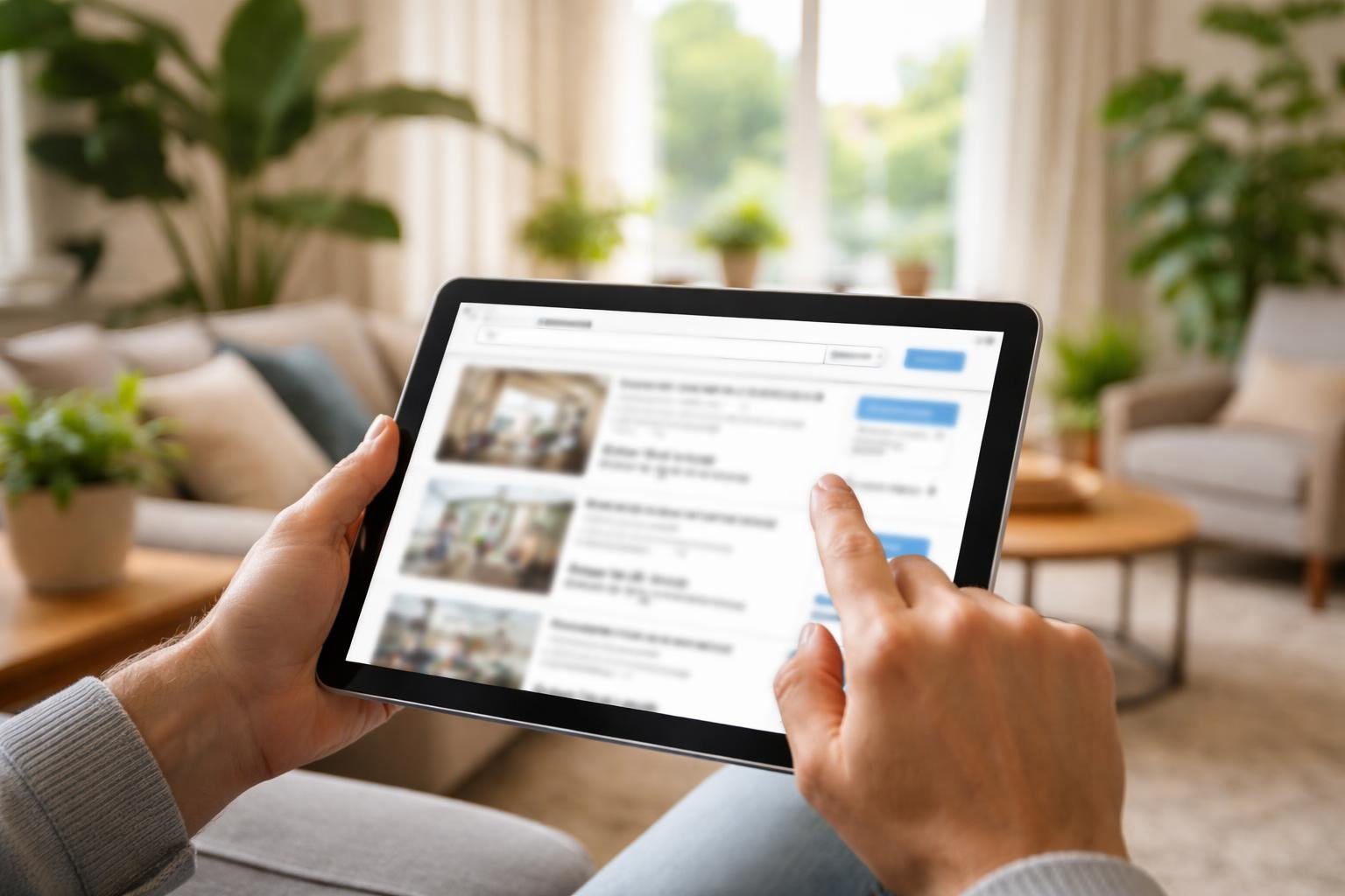 personne-tablette-salon-moderne-plantes