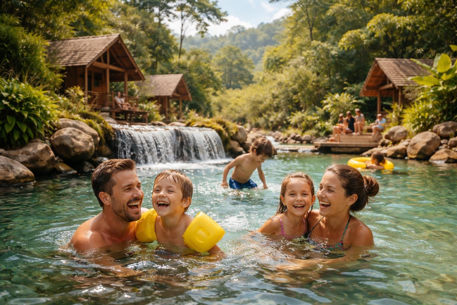 famille-piscine-naturelle-verdure-cabanes