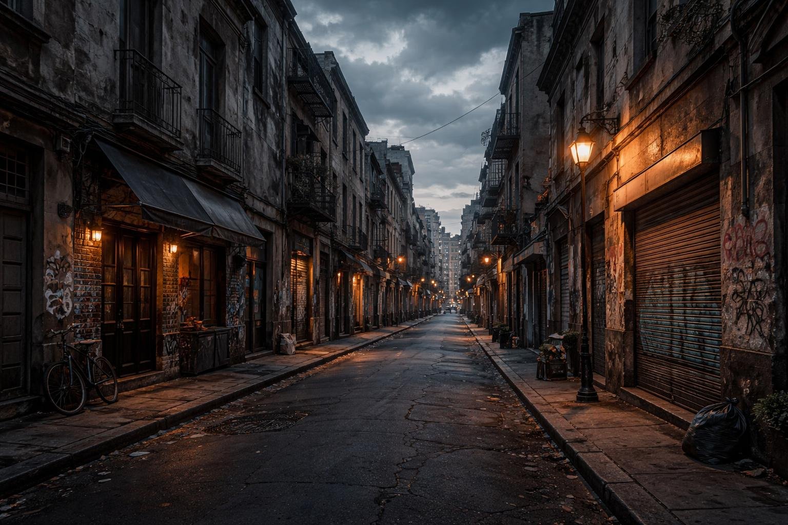 rue-urbaine-crepuscule-batiments-graffitis