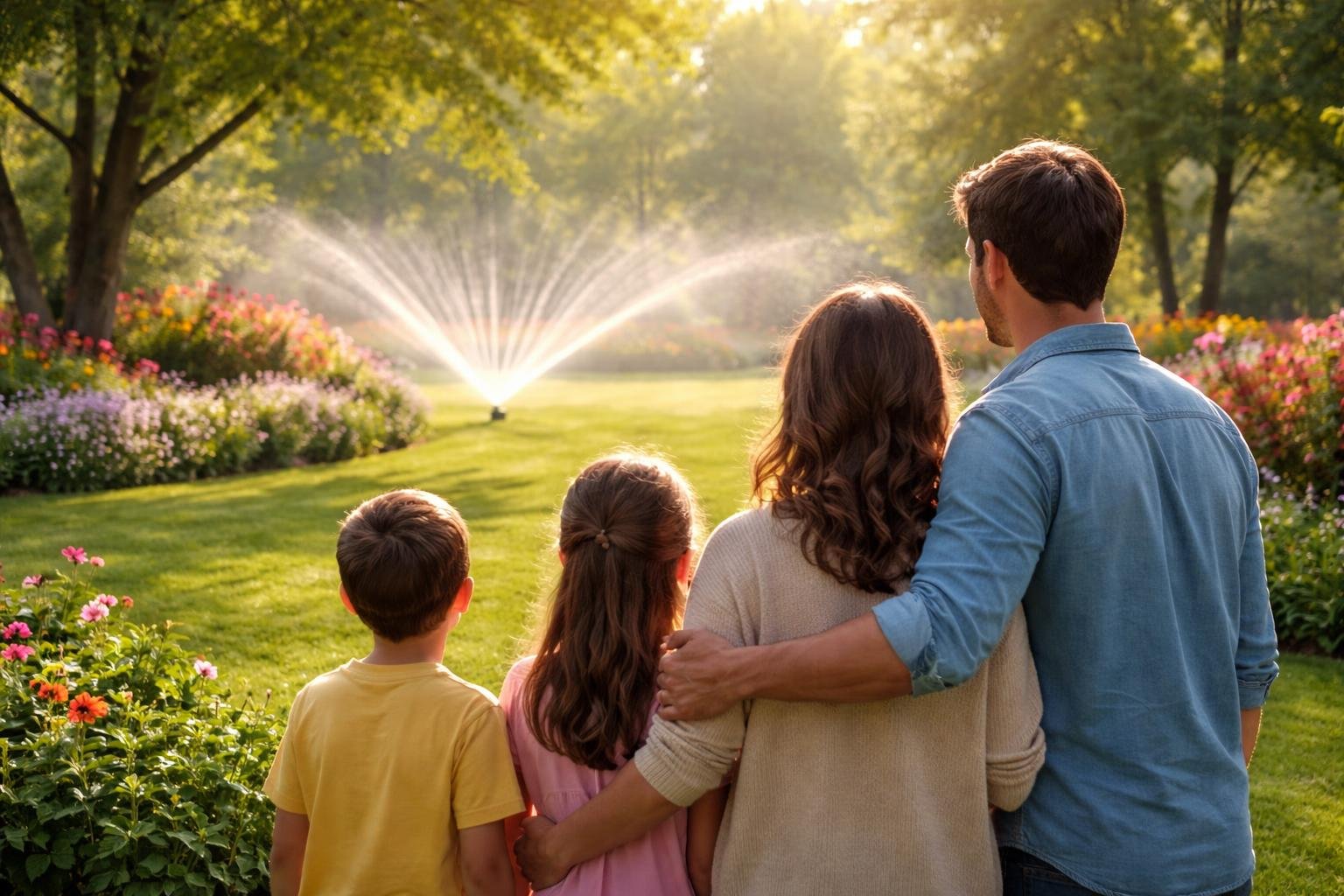 famille-jardin-arrosage-fleurs-luminosite-matinale
