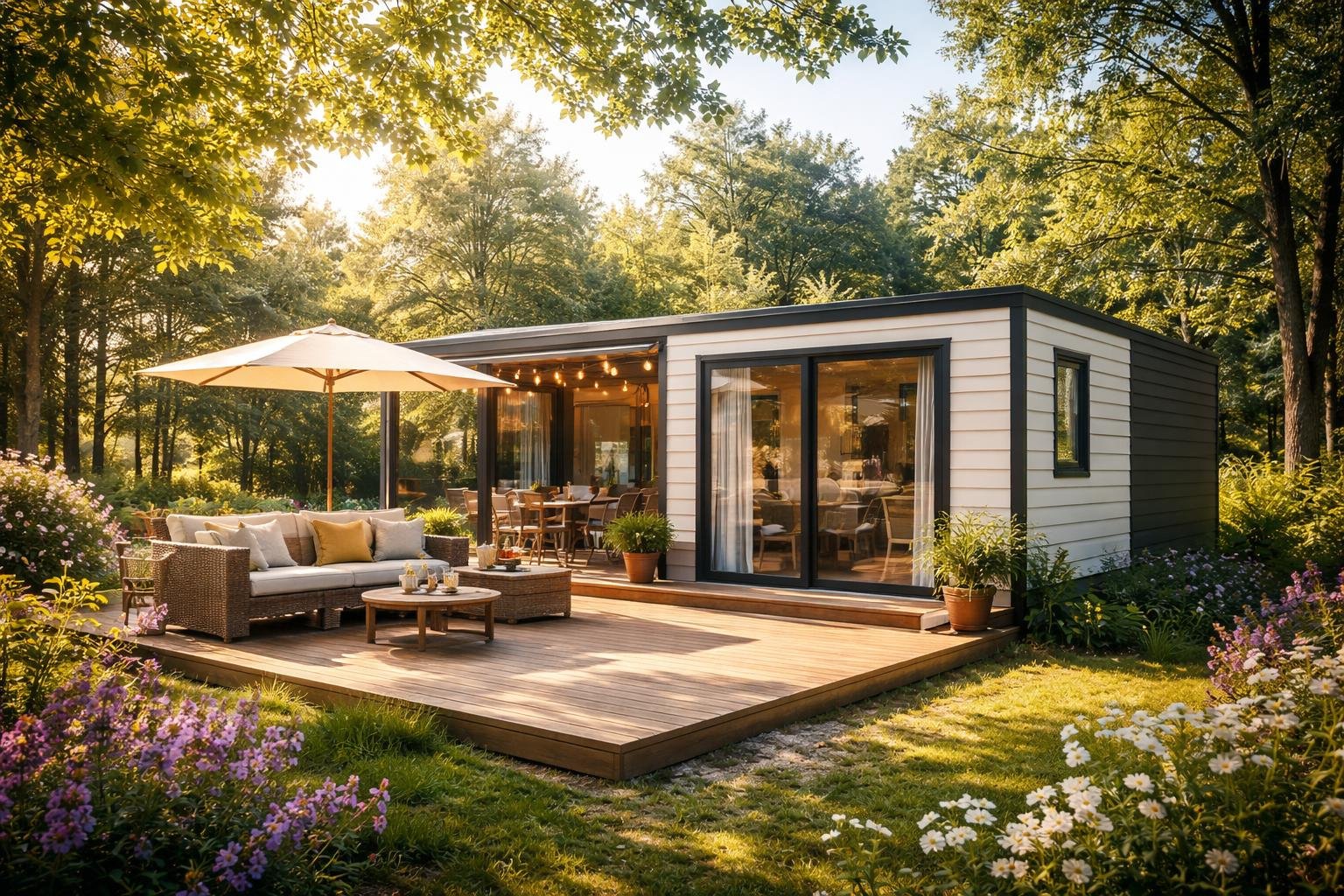mobil-home-moderne-arbres-terrasse-fleurs