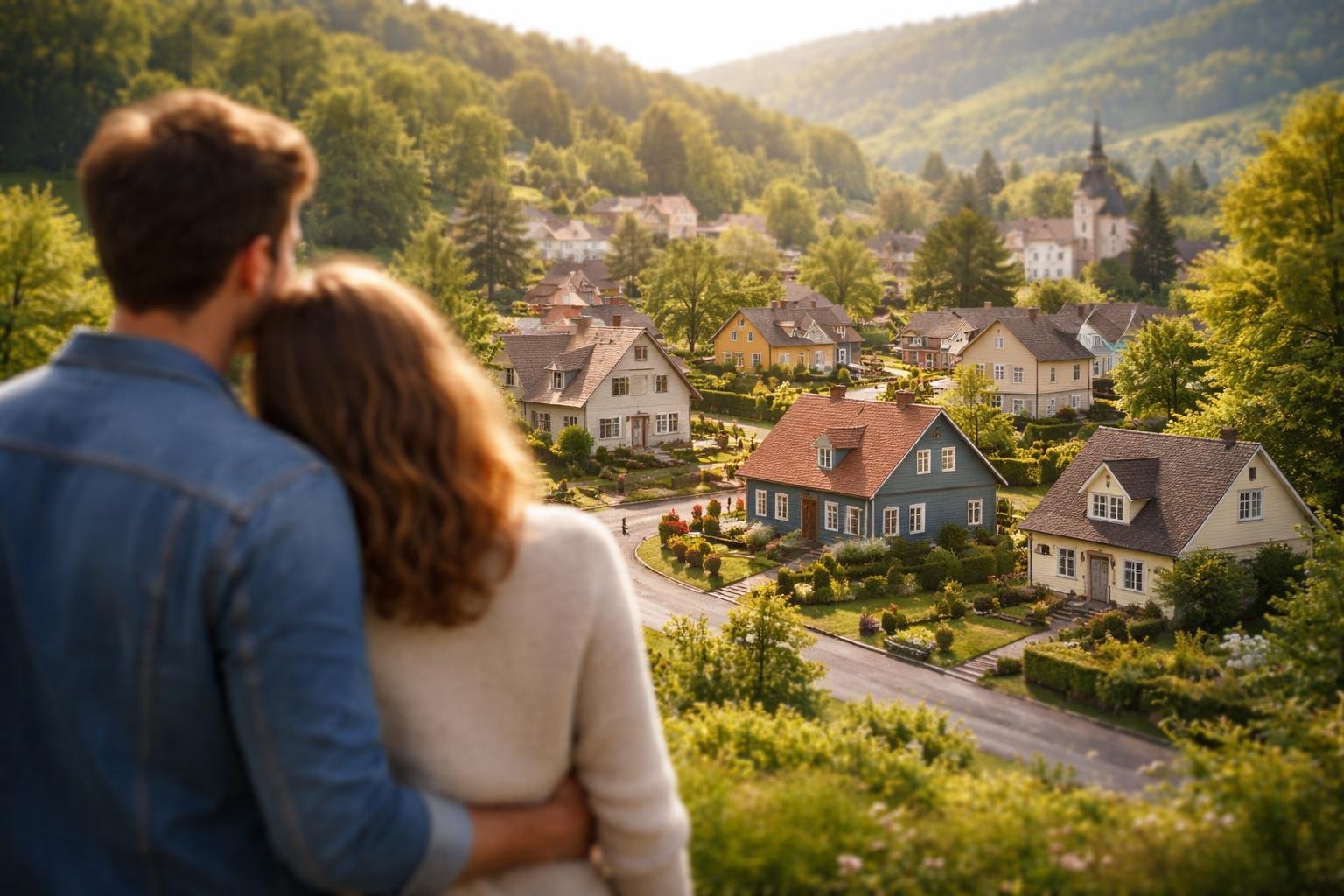 ville-maisons-couple-collines-verdoyantes